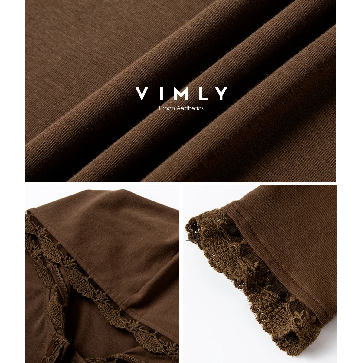 VIMLY Bruin Midi vrouwen Elegante Jurken 2025, Herfst Kant Capuchon Jurk Lange Mouw Slanke Dames Jurk Vrouw Kleding A2023