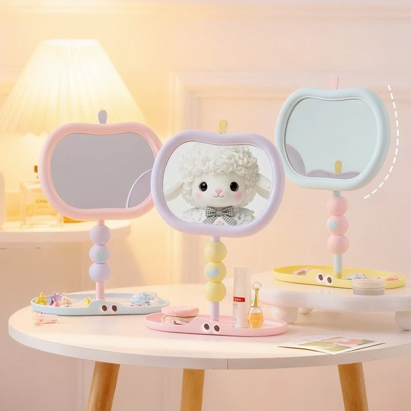 Cute Apple Desktop High Appearance Level Makeup Mirror Household Dormitory Desktop Decoration Plastic HD Rotating Storage Mirror