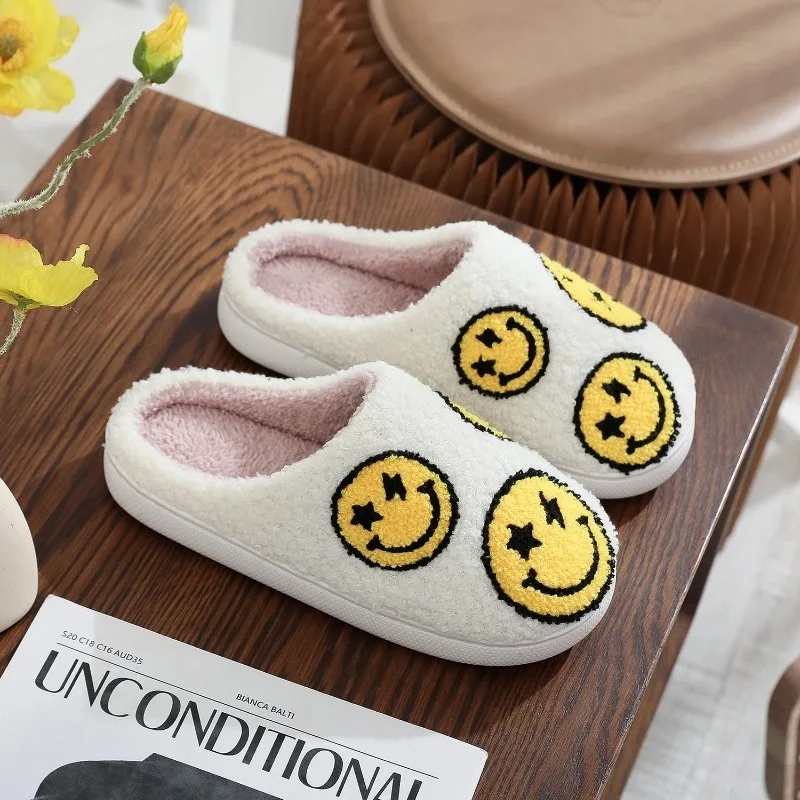 Cotton Slippers 2024smiling Face Floor Plush Slippers Home Anti Slip Flat Bottom Comfort Soft Bottom Lightweight Cotton Slippers