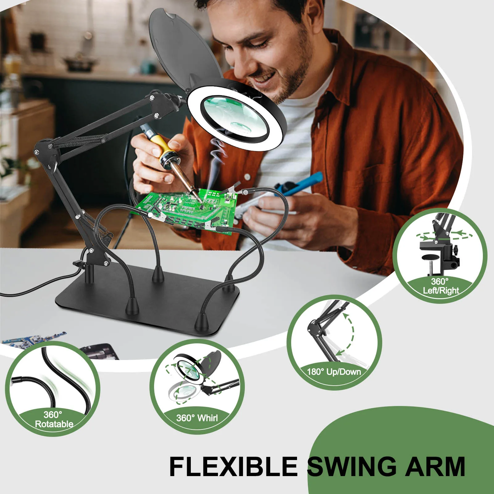 Toolour Magnetic Helping Hands Soldering Station with 5X 10X Magnifying Lamp 4 Flexible Arms Lighted Magnifying Glass for PCB