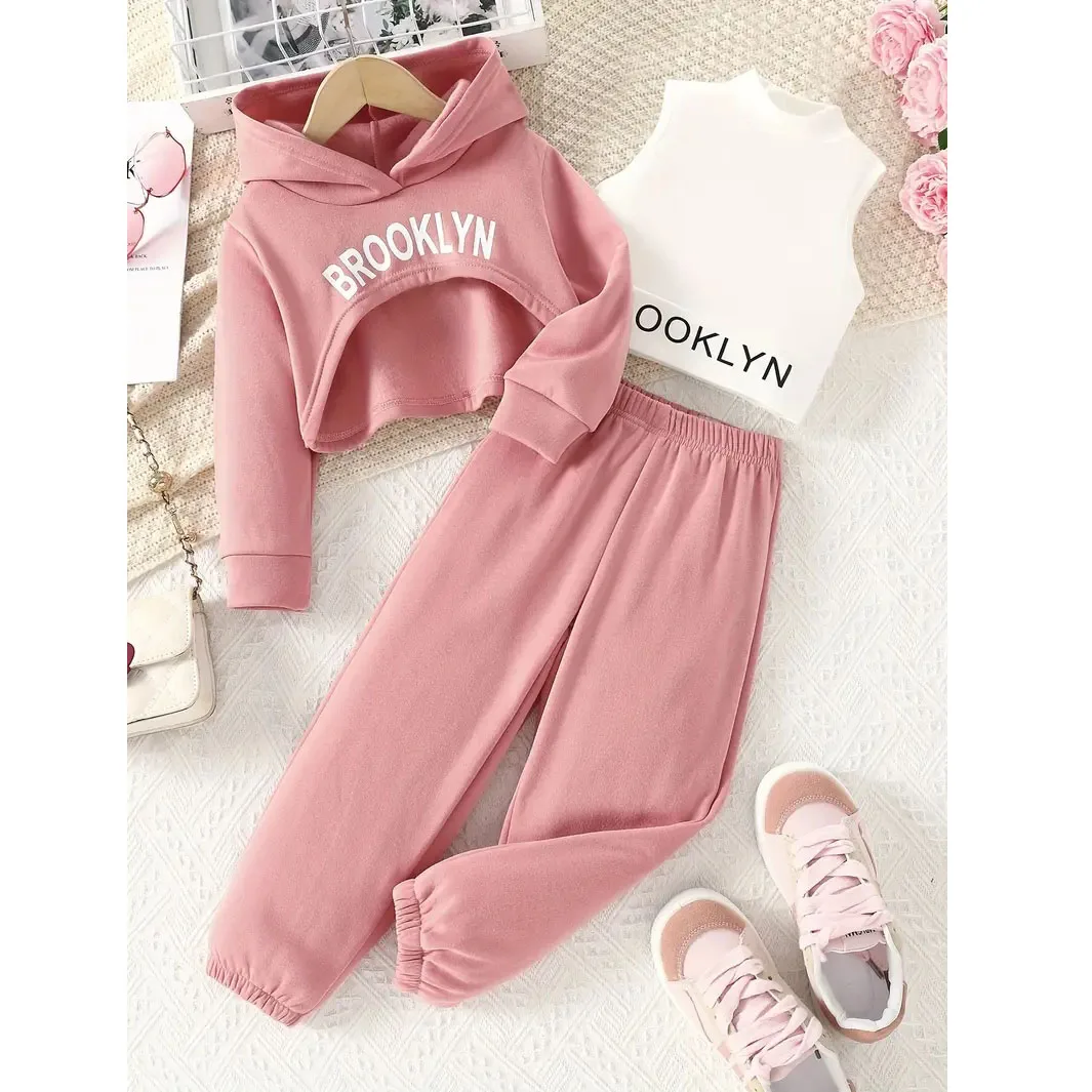 

Комплект детской одежды из 3 предметов для девочек, весенне-осенний свитшот с капюшоном и длинными рукавами для маленьких девочек + жилет без рукавов + длинные штаны, повседневная одежда