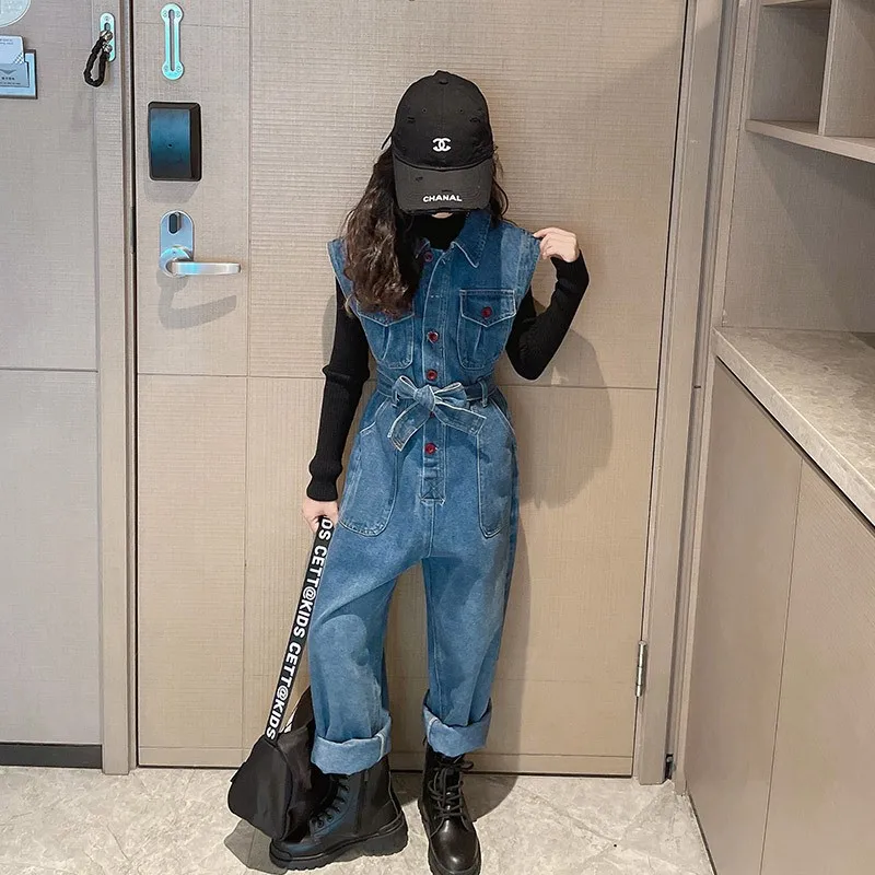 Girls' denim jumpsuit 2025 new loose short sleeved workwear jumpsuit
