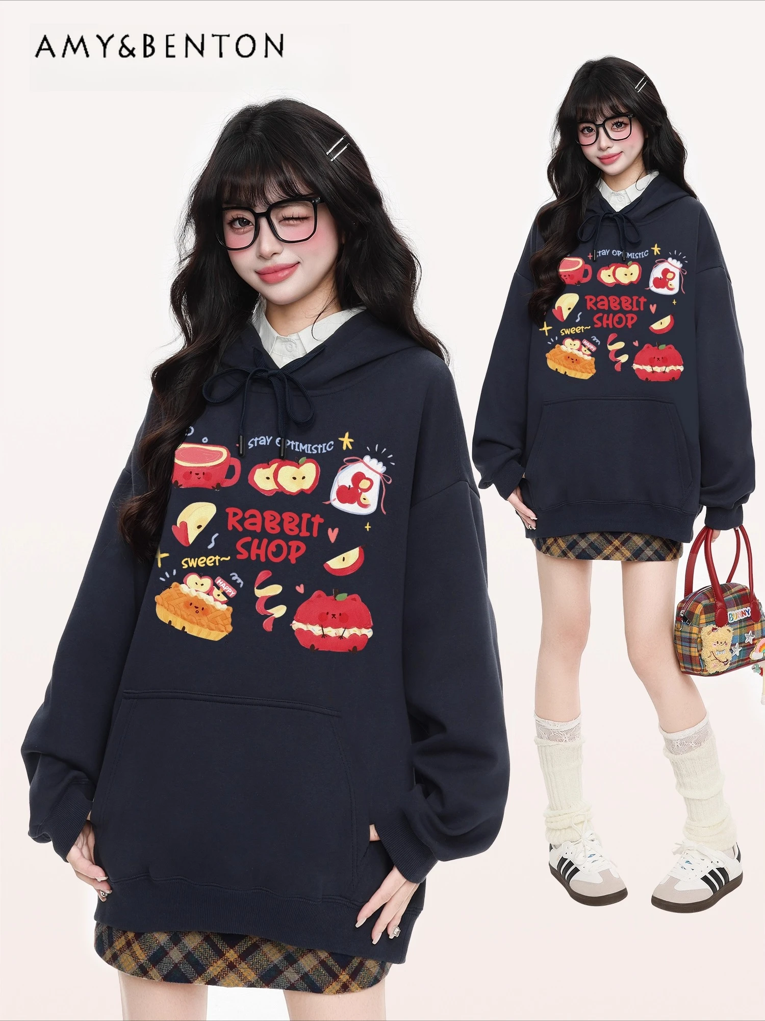

2025 Autumn Winter New Fun Apple Print White Apricot Hoodie Korean Style Loose Versatile Blue Black Wine Red Velvet Top