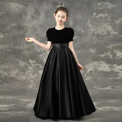 2024 elegant Stain Velvet Long Girl Dress For kids Children Pageant Ball Gown Wedding ceremony party piano Costume 12 14 Years