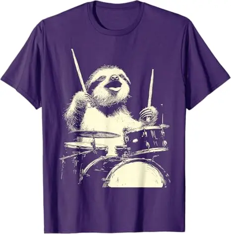 Cute Sloth Playing Drums Funny Music Animal Drummer Graphic T-Shirt Y2k Musical Rock Punk Streetwear Clothes Novelty Tees Gifts