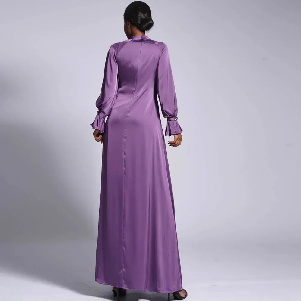 Elegance Temperament Muslim Abaya Fashion Satin Muslim Dress Dubai Full Length Long Sleeve Dress for Women Dubai Turkey Islam