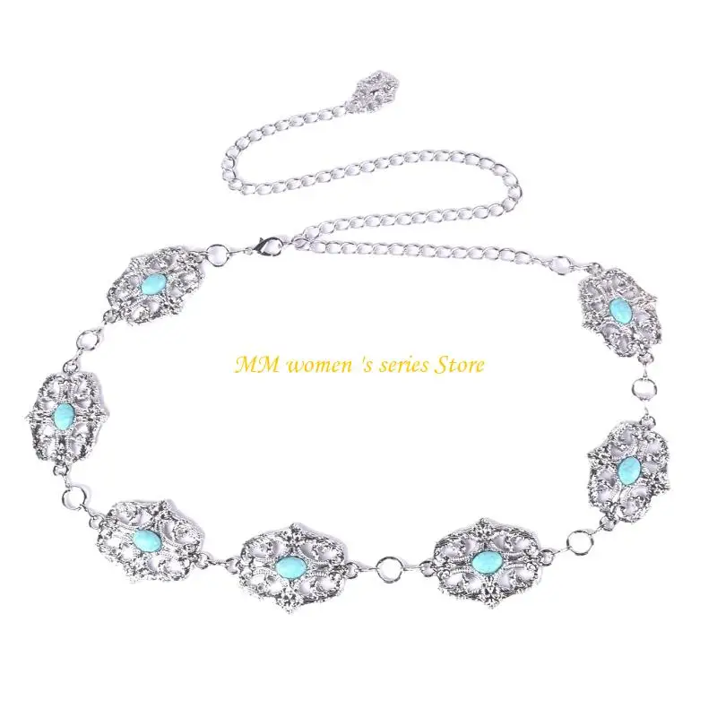 Q39C Ornate Metal Filigree Waist Belt Retro Charm Adjustable Length Unisex Body Jewelry Chain for Formal Event
