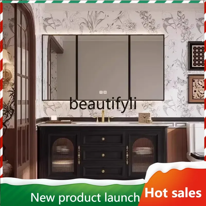 

f185 ss25 French oak solid wood bathroom cabinet retro bathroom washstand floor type light luxury hand washbasin cabinet