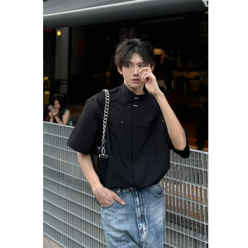 

Loose Fit Men's irt Stand Collar ort Sve Summer Lightweight Bla Casual Faion Outerwear for Teen Boys Ice Silk