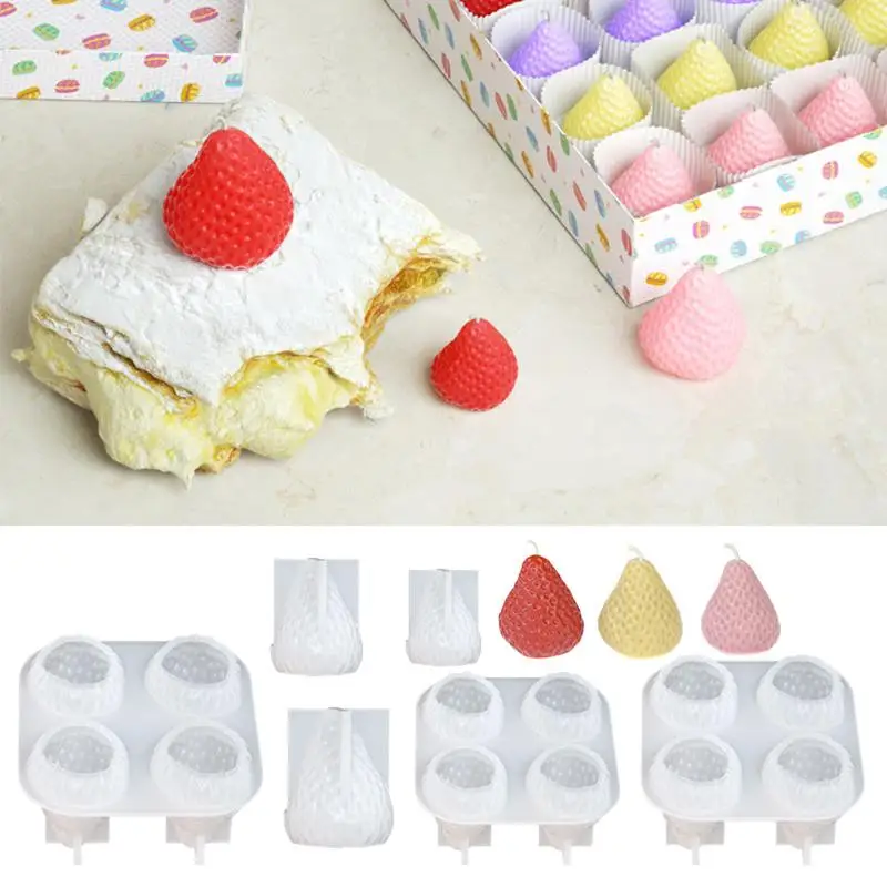 【IIOO】1/4 Cavity Strawberry Scent Candle Making Kit Silicone Mould DIY Fruit Shape Drip Glue Resin Mold Handmade Birthday Decor