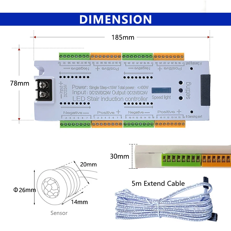 32 Channel Stair Step Strip Light LED PIR Infrared Motion Sensor Tread Lamp Automatic Lighting Dimmer Controller DC 12V 24V 500W