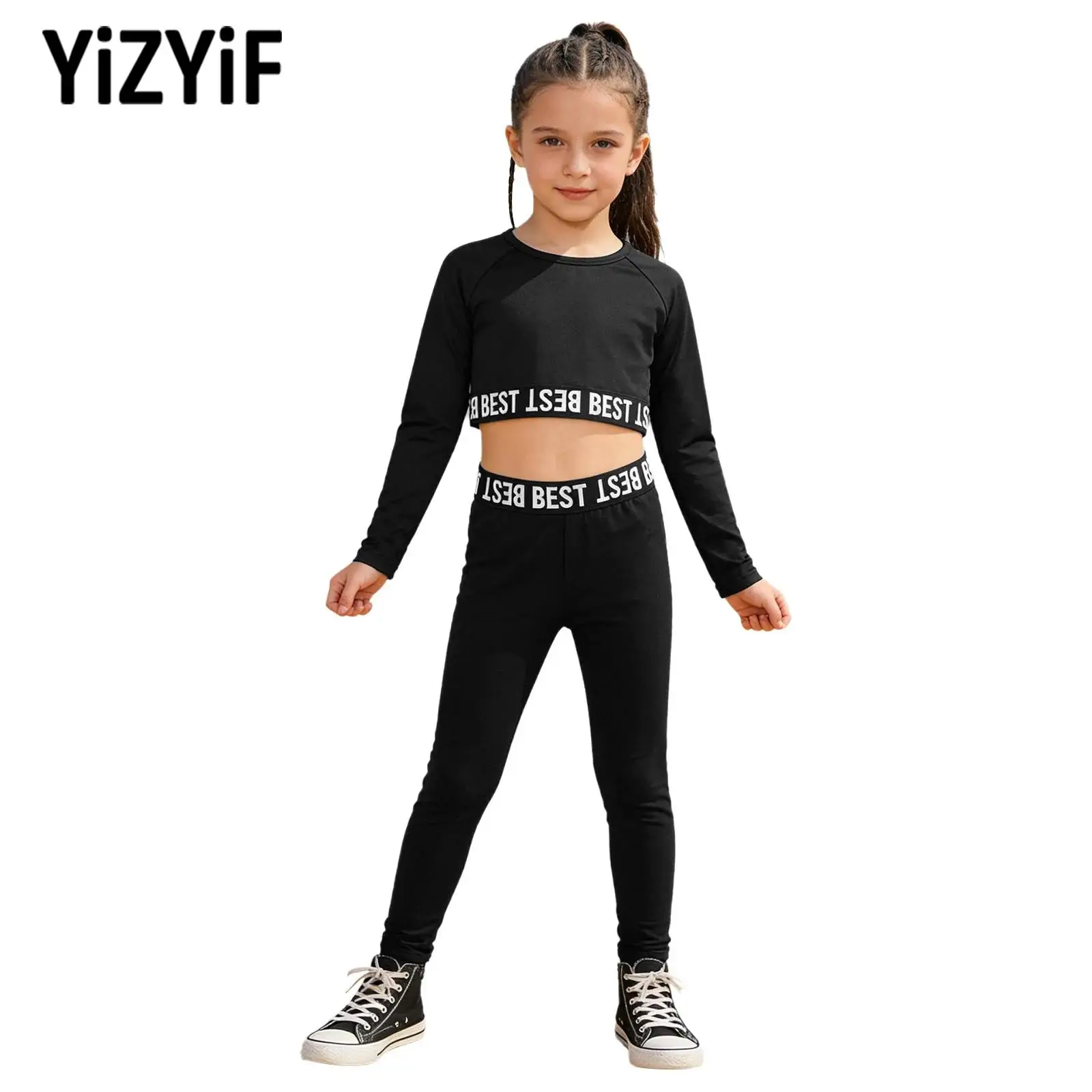 

Girls Hip Hop Outfit Jazz Dance Stage Performance Costume Long Sleeve Crop Top+Leggings Set Kids Gym Workout Outdoor Sportswear