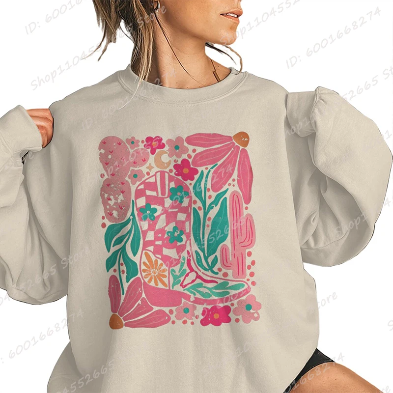 

Vintage Cowgirl Wildflowers Boots Print Women Oversized Sweatshirt Retro Cowgirls Crew Neck Pullovers Harajuku Graphic Tops