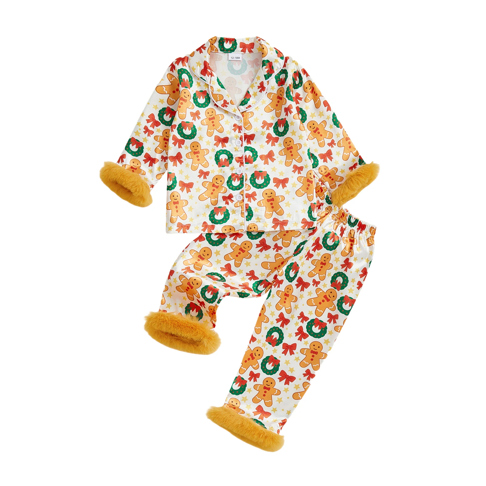 

Toddler Girl Fall Satin Pajamas Set Gingerbread Man Print Long Sleeve Turndown Collar Tops with Elastic Waist Pants Sleepwear