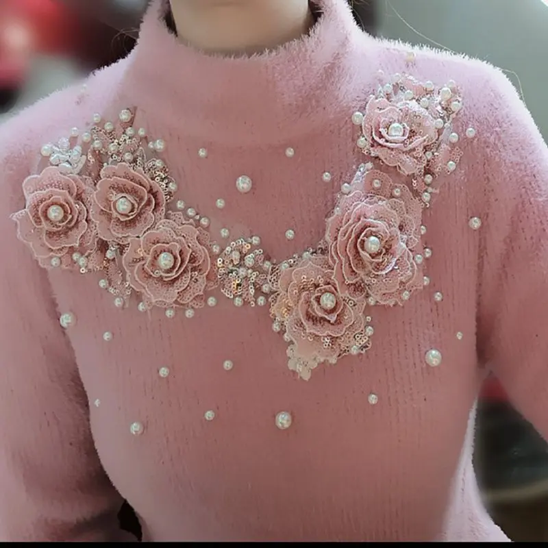 Heavy Industry 3D Florals Pearls Sequins Stitch Pink Mohair Sweater Mock Neck Thickened Faux Fur Beaded Pullovers Knitwear Tops