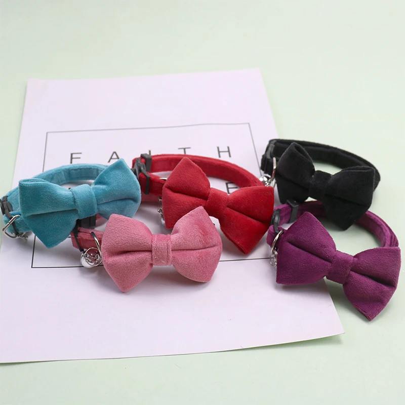 Adjustable Soft Velvet Elastic Bowknot Candy Color Cat Collar Buckle Gatos Bow Tie Small Dog Soft Pet Collar With Bell YZL25