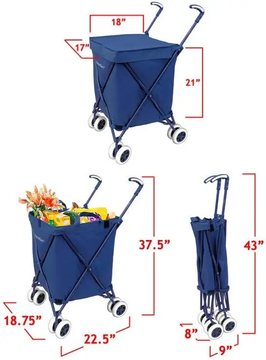 Blue Patent Foldable Shopping Cart Waterproof Thick Canvas Bag Double Front Swivel Wheels Max 120LBS Compact Fold For Daily Grocery Transport - view 4
