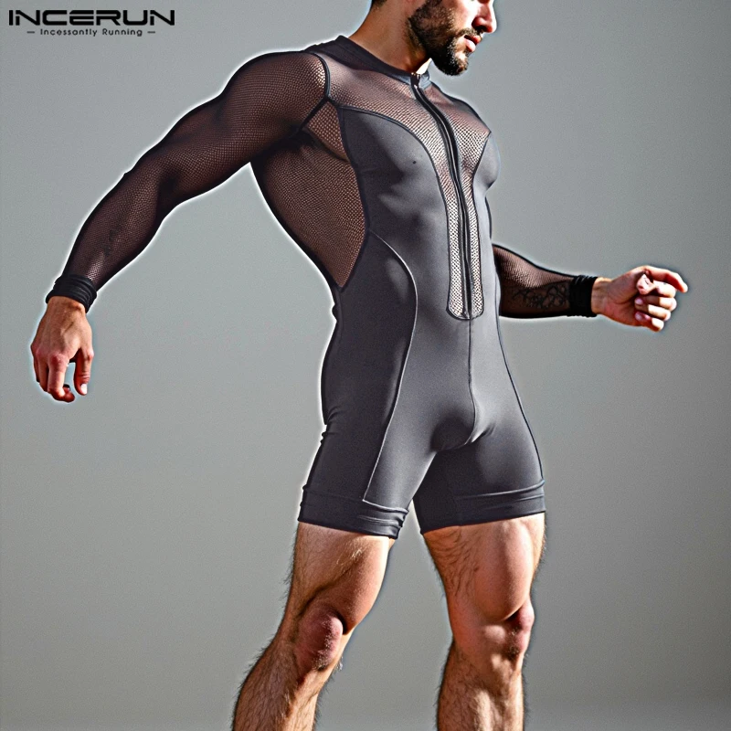 INCERUN Men Causal Long Sleeved Bodysuits Well Fitting Mesh Splicing O-Neck Zipper Onesizes Simple Hollow Comfortable Homewear