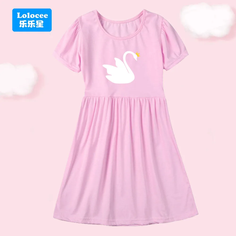 Summer Girl Cartoon Swan Princess Abito con stampa Abito di tendenza alla moda Bambini Quotidiano Casual Elegante Abiti a maniche corte Vestito carino TE1