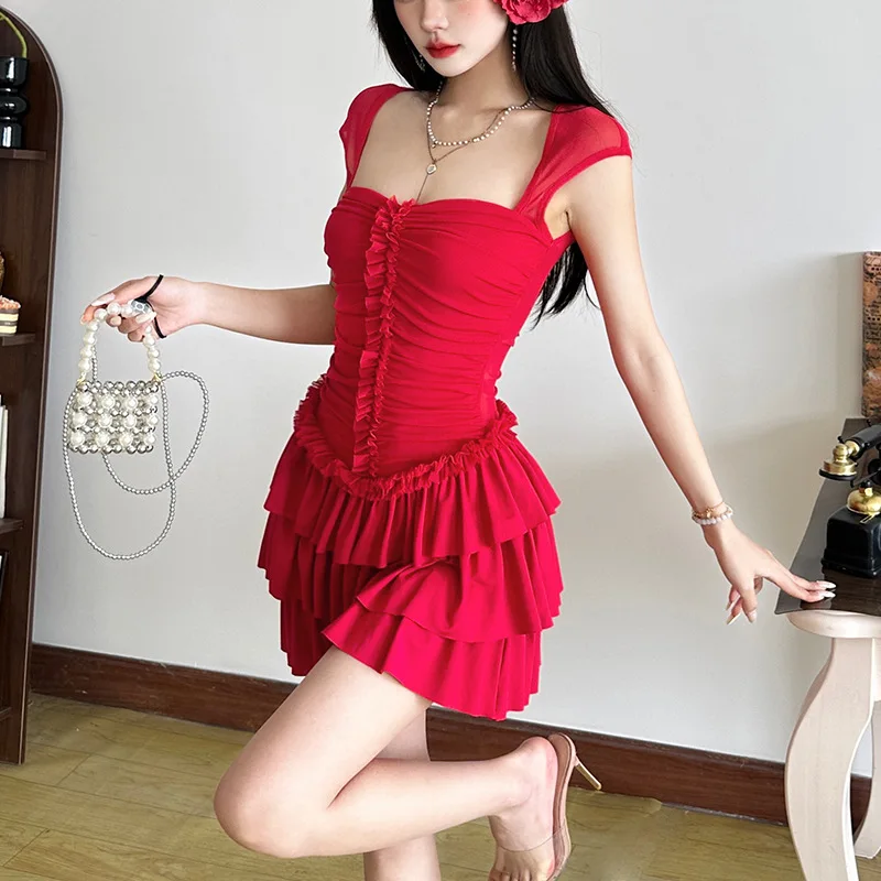 2025, novedad de verano, vestido de mujer de estilo europeo y americano, falda tutú con volantes Retro francés de Color sólido, vestido ceñido a la cintura