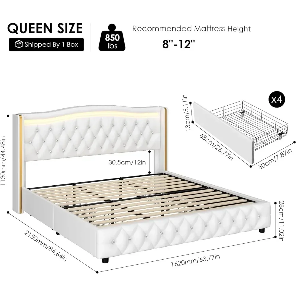 Marco de cama con plataforma LED Queen Smart con 4 cajones de almacenamiento, cabecero con respaldo de cristal capitoné y adorno dorado inoxidable, blanco