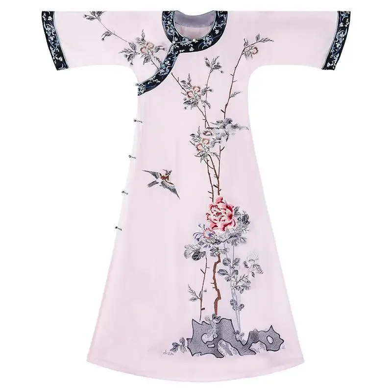 Qing Dynasty Elegant Pink Round Neck Bird Flower Printed Half Sleeved Cheongsam Dress Women\'s Chinese Style Casual Qipao Dress