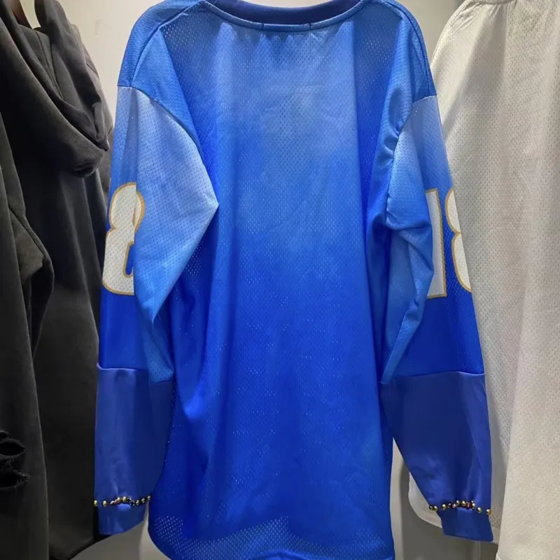 2XL Blue Retro Street SATOSHI Jersey Racing Element No.18 Printed Nail Bead Patchwork Mesh Long Sleeved Tshirt Sports Pullover