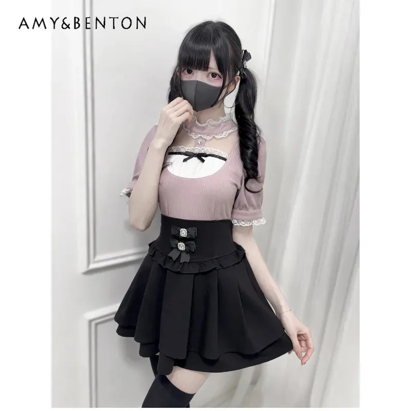 

25COSSummer New Japanese Preppy Style Cute Short-sleeved Top Lace Stand-up Collar Bow Knitted Top Mass-produced Mine Women Cloth