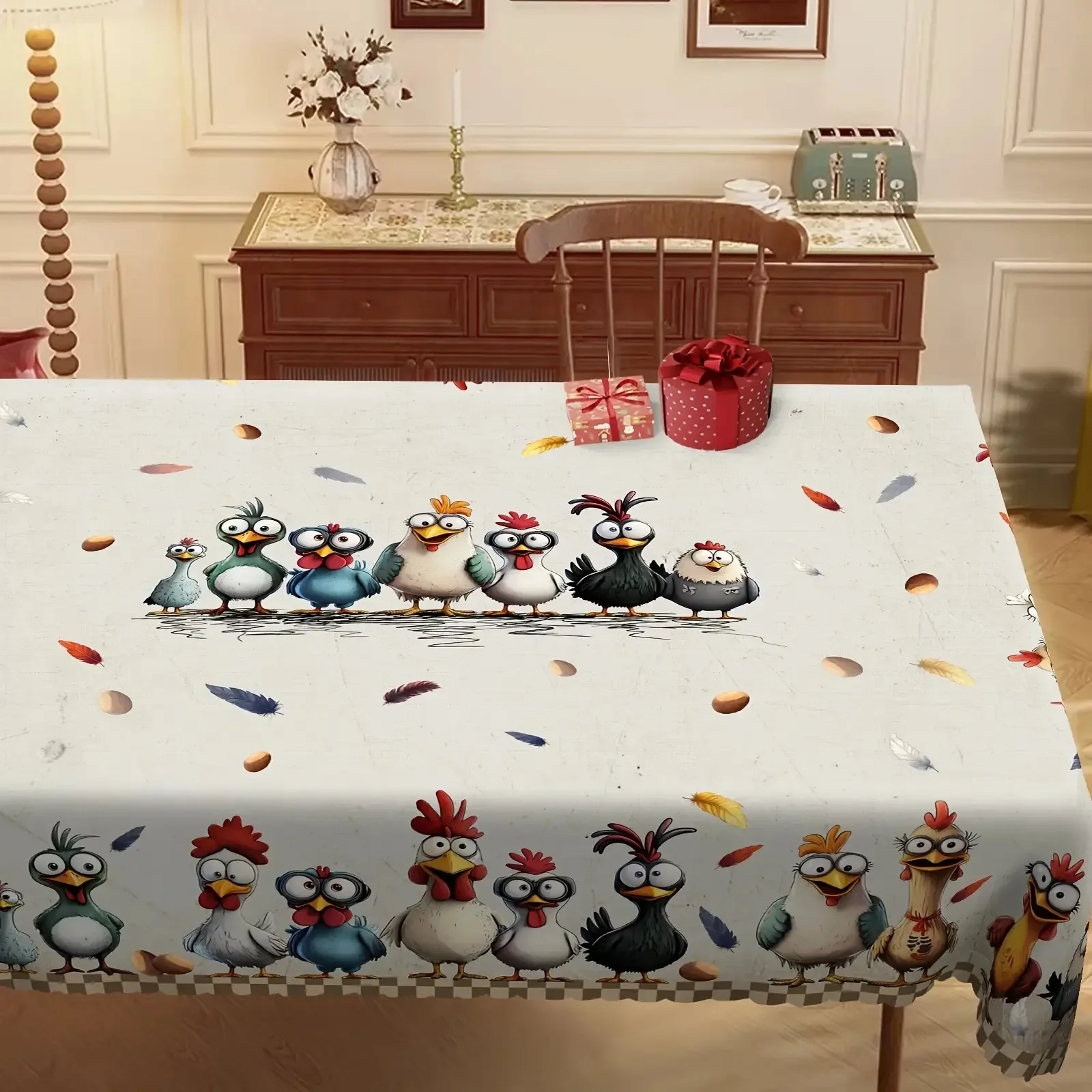 1pc, round polyester tablecloth, with cute chicken prints, durable fabric, suitable for home, garden, and parties.xzj