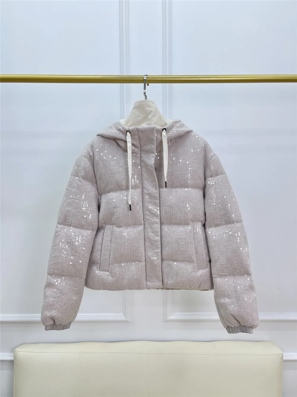 Heavy Beaded Sequined Hooded Goose Down Coat ผู้หญิงซิปหนาลงเสื้อแจ็คเก็ตฤดูใบไม้ร่วงฤดูหนาวใหม่