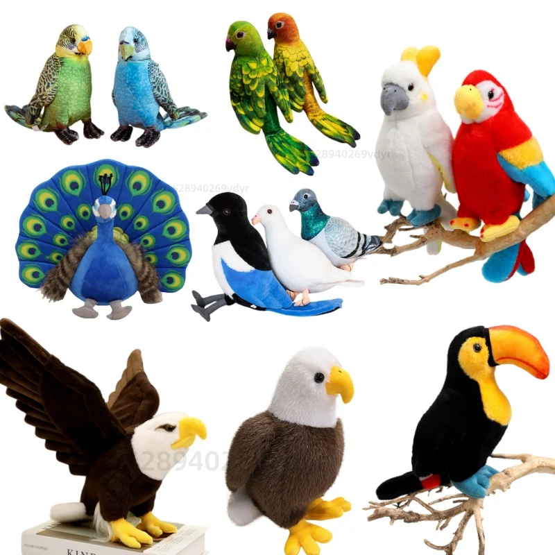 

All Series Simulation Stuffed Animal Birds Parrots Magpie Toucan Eagle Peacock Bald Eagle Pigeon Plushies Toys Educational Gift
