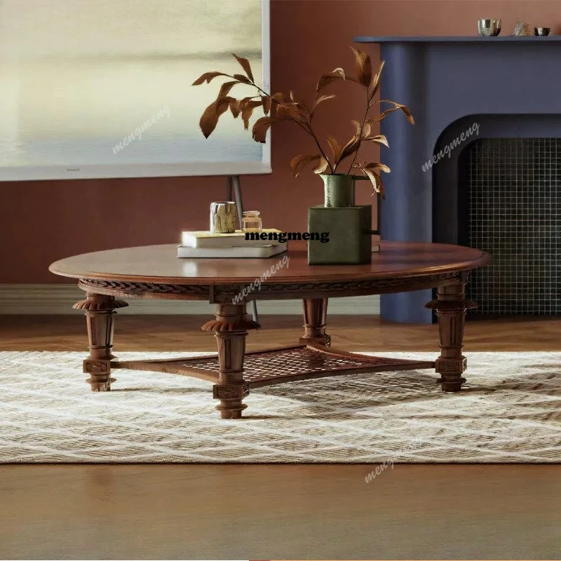 French retro solid wood coffee table modern simple medium and ancient style carving American light luxury round coffee table