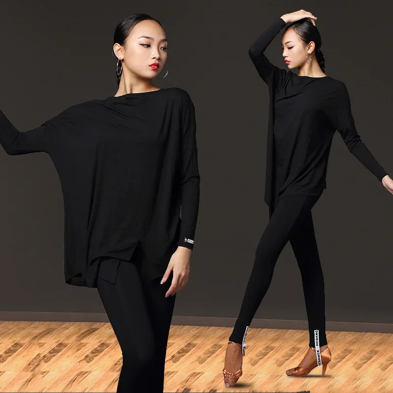 Topy do tańca latynoskiego dla kobiet luźna czarna koszula z długimi rękawami ubrania do ćwiczeń latynoskich Chacha Samba kostiumy do tańca latynoskiego