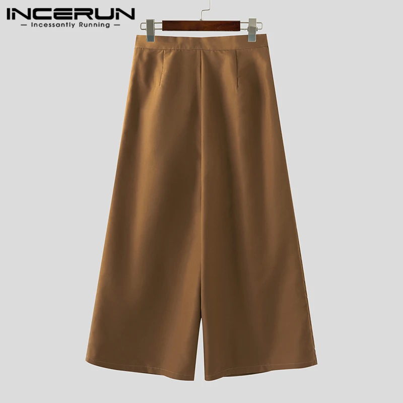 INCERUN Men Wide Leg Pants Solid Color Button Joggers Loose Casual Trousers Men Pleated Streetwear 2024 Fashion Long Pants S-5XL