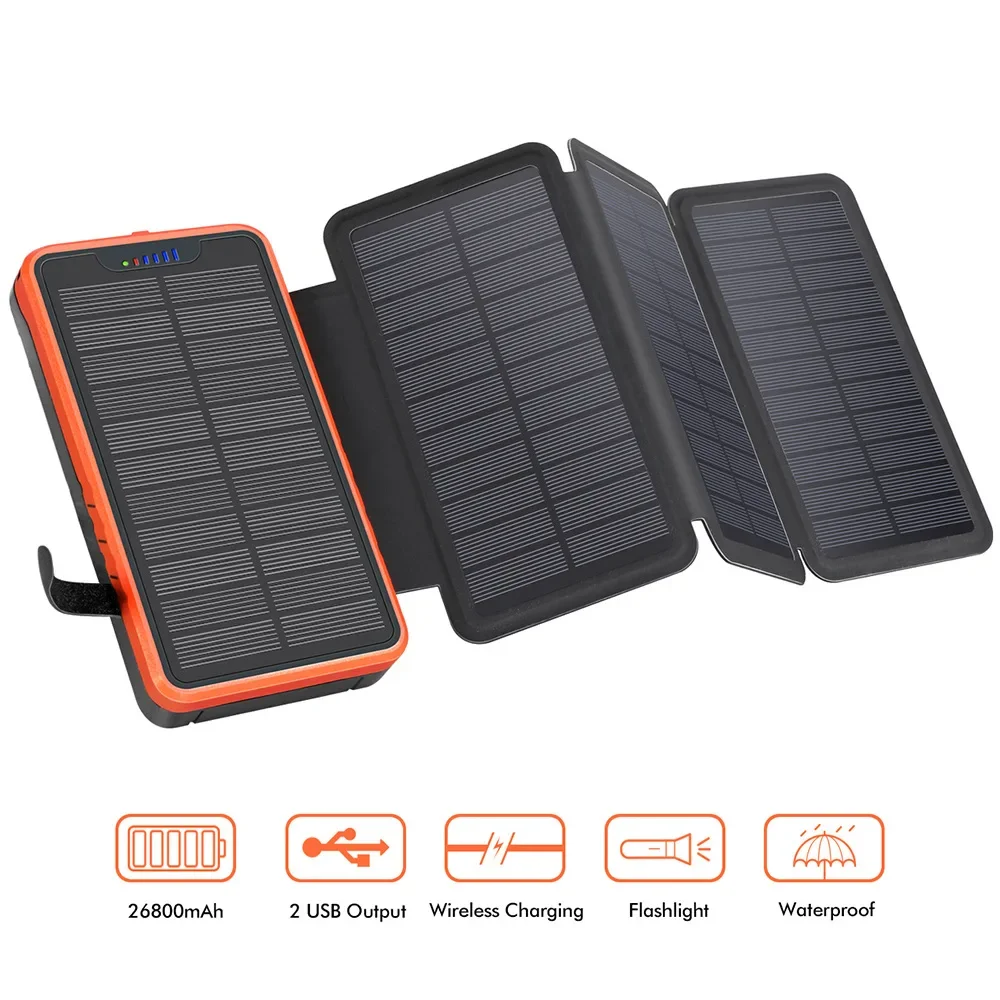 

Portable Solar Power Bank 26800mAh 2.1A Fast Charging waterproof Powerbank External Battery Pack For Xiaomi iPhone 15 Poverbank