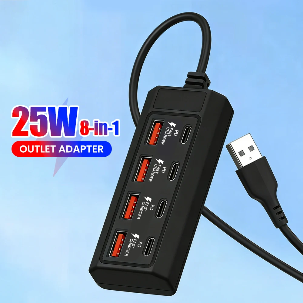 High Speed 8-Port USB HUB 25W Power Strip Outlet Adapter USB Type C Multiple Extender USB Socket Multi Port USB Type C Hub