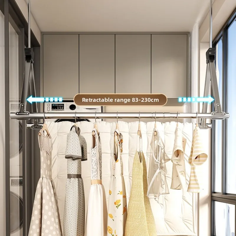 Stainless Steel No Drill Hanger, Retractable Length Drying Rack, Foldable Balcony Laundry Pole, Height Adjustable Clothes Airer