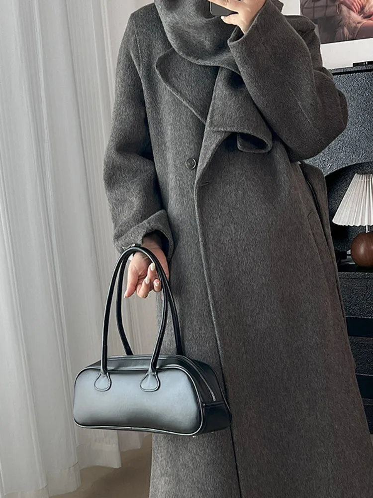 ZMEENNA レディース ロング ウール ブレンド コート ハイ カウルネックとタイベルト付き 暖かい冬用アウター ミニマリスト グレー ZM4385