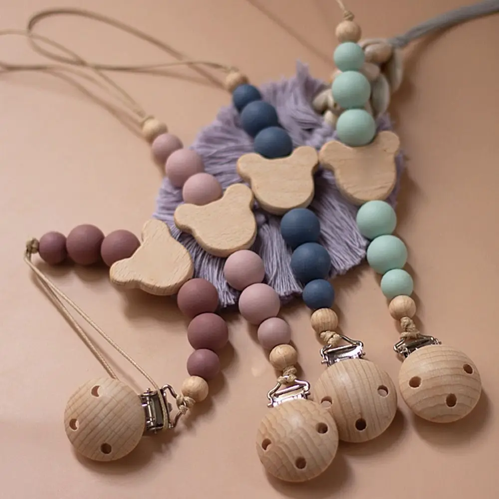 

Dummy Clips Pacifier Holder Clips Wood Soother Holder Baby Pacifier Chain Nipple Holder Clips Bear Baby Teether Toys Straps Baby