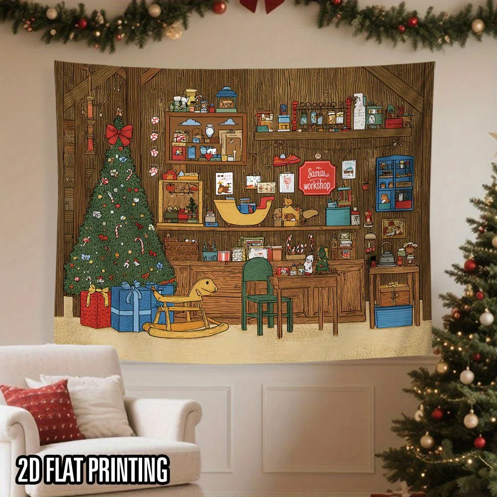 2D Flat,1pc Printed Tapestry, Christmas Toy Workshop with Tree and Gifts Pattern, Wall Decor, for Living Room,Bedroom