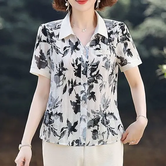 

Short-sleeved Shirt Tops New Summer Middle Aged and Elderly Mother's Loose Fashionable Temperament Foreign Air