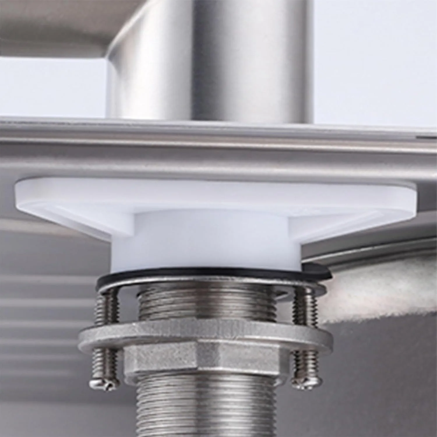Two Stainless Steel Faucet Stabilizers With White Plastic Reinforcements Featuring A 34mm Inner Diameter Hole