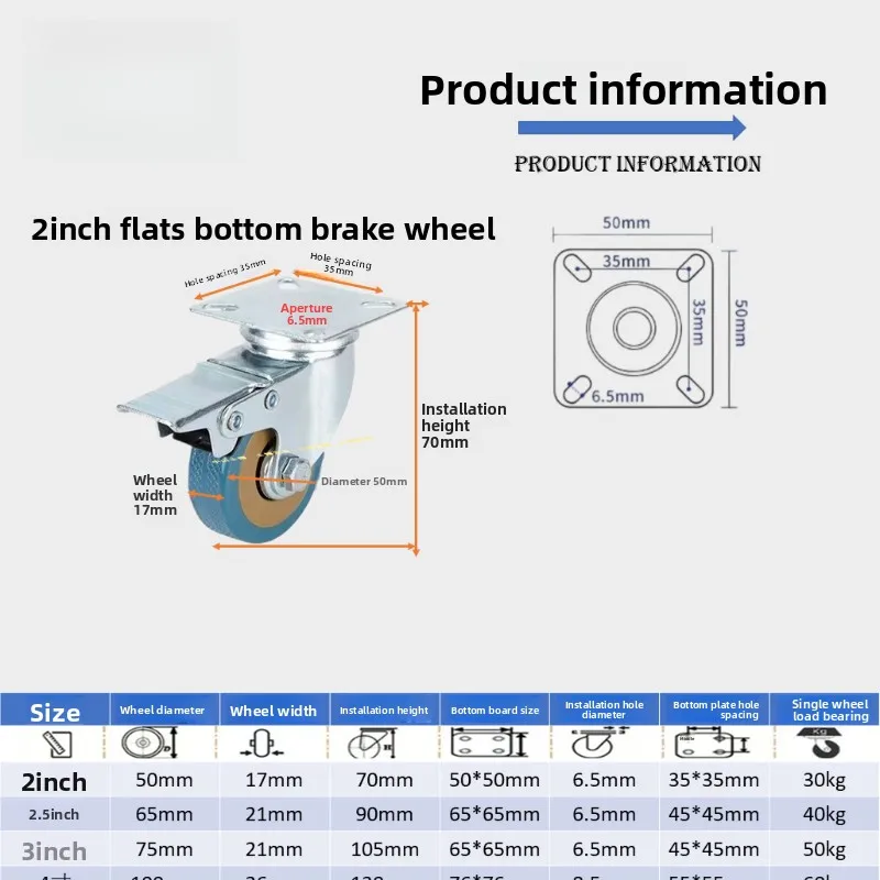 2/3/4 Inch Light‑Duty Swivel Caster Wheel, Gray Rubber Silent Wear‑Resistant Smooth Roller Trolley Cart Shelf