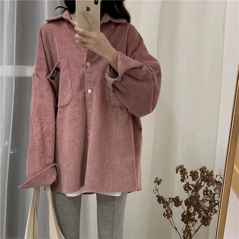 Corduroy Shirts Women Daily Pockets Casual Turn-down Collar Popular Loose Outerwear Single-breasted Lady Clothes NS5535