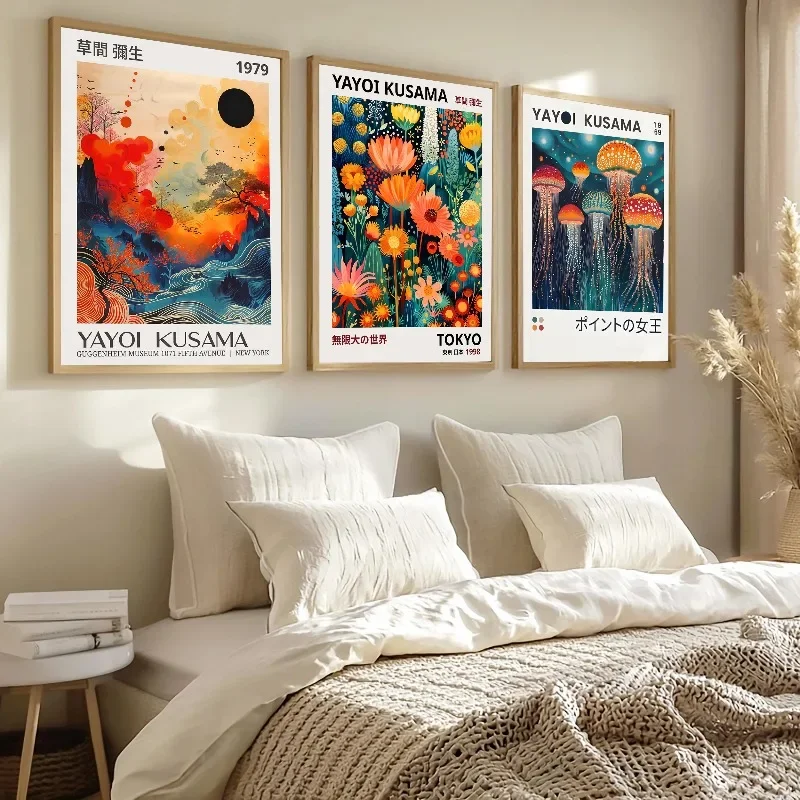 Multiple sizes 1pc frameless Canvas Painting,Fashion Yayoi Kusama Flower Art Exhibition Pumpkin Wall Art Poster Prints Canvas Pa