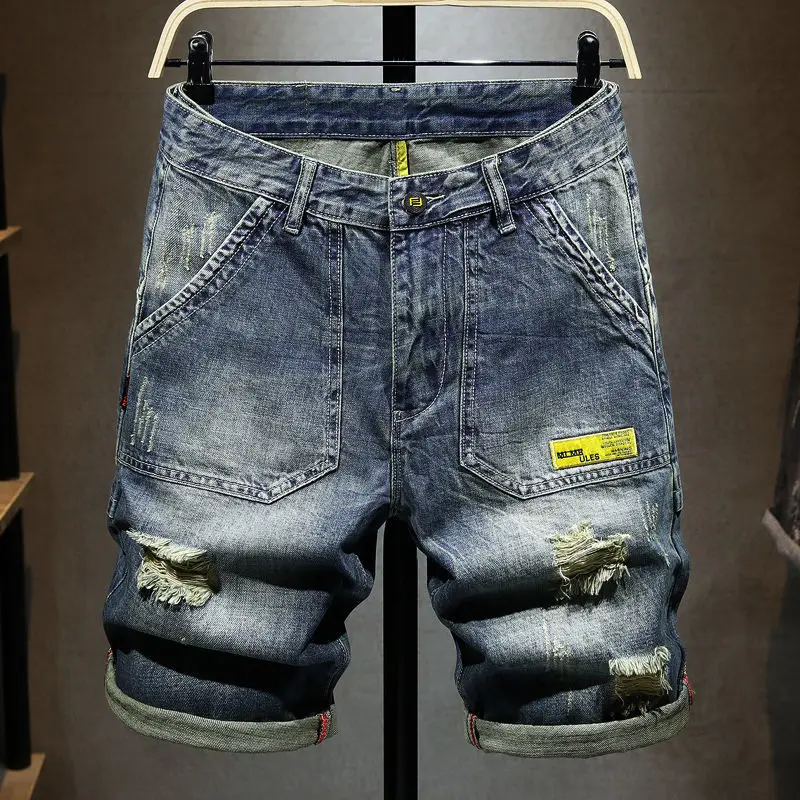 Man Denim Shorts Long Cargo Bermuda Short Jeans Pants for Men Half with Pockets Ripped Thin Korean Fashion Sale Streetwear Jorts