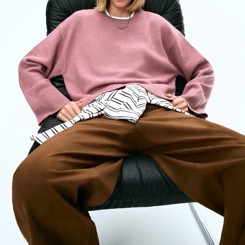 

Combhasaki Women Casual Solid Color Ribbed Trim Crew Neck Knitted Sweaters Long Sleeve Cleanfit Loose Knitwear Pullover Jumpers