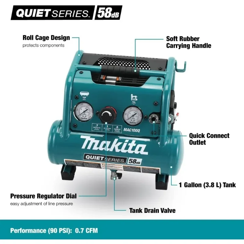 Makita MAC100Q Quiet Series, 1/2 HP, 1 Gallon Compact, Oil-Free, Electric Air Compressor