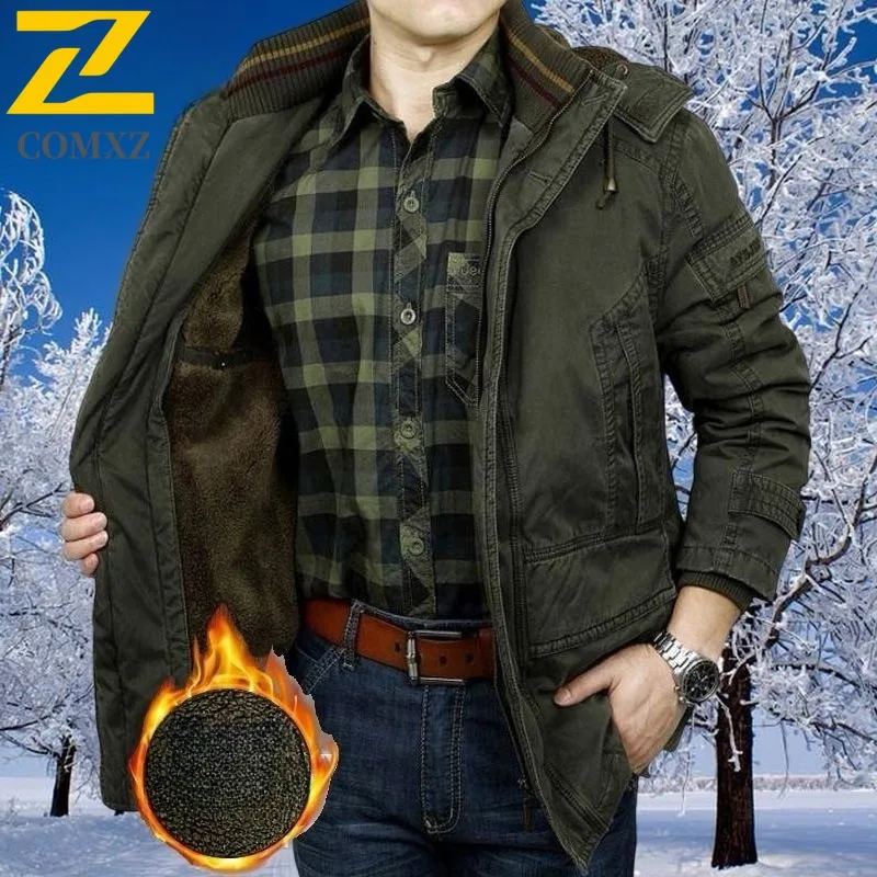 

Мужское хлопковое пальто 2025, новый стиль, флисовое толстое, антихолодное, теплое, средней длины, пальто с капюшоном, уличная повседневная зимняя одежда, мужская ветровка