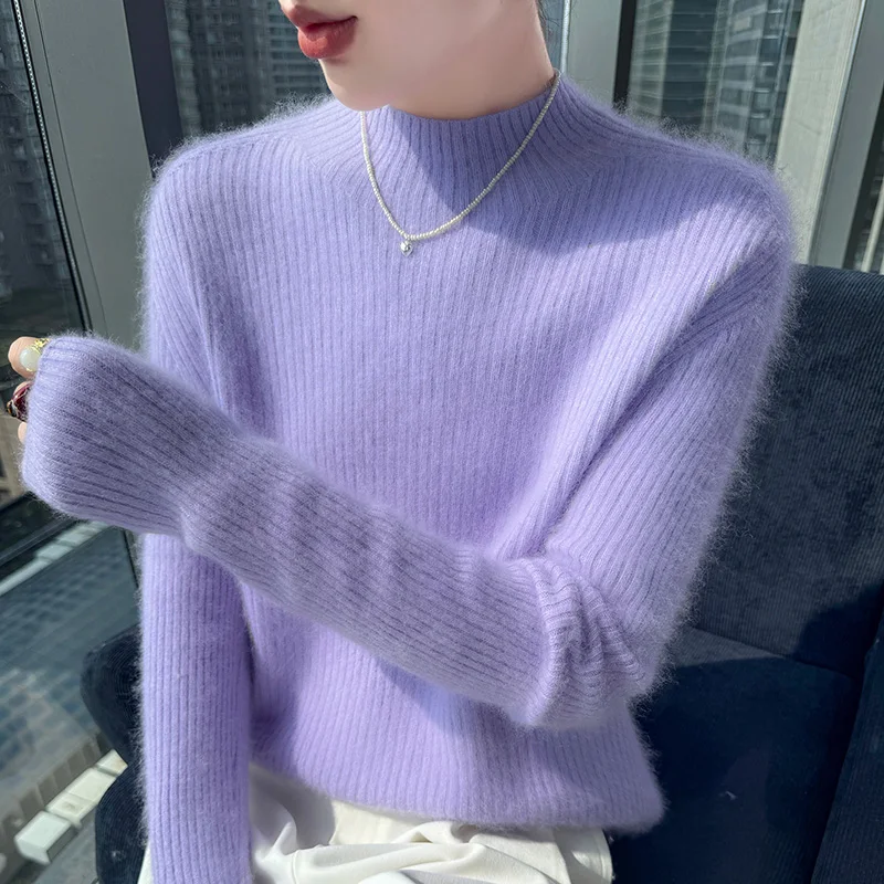 Sweater rajutan wanita 100% kasmir bulu mink, lengan panjang, slim fit, serbaguna, untuk musim gugur dan musim dingin, model baru dengan kerah O.